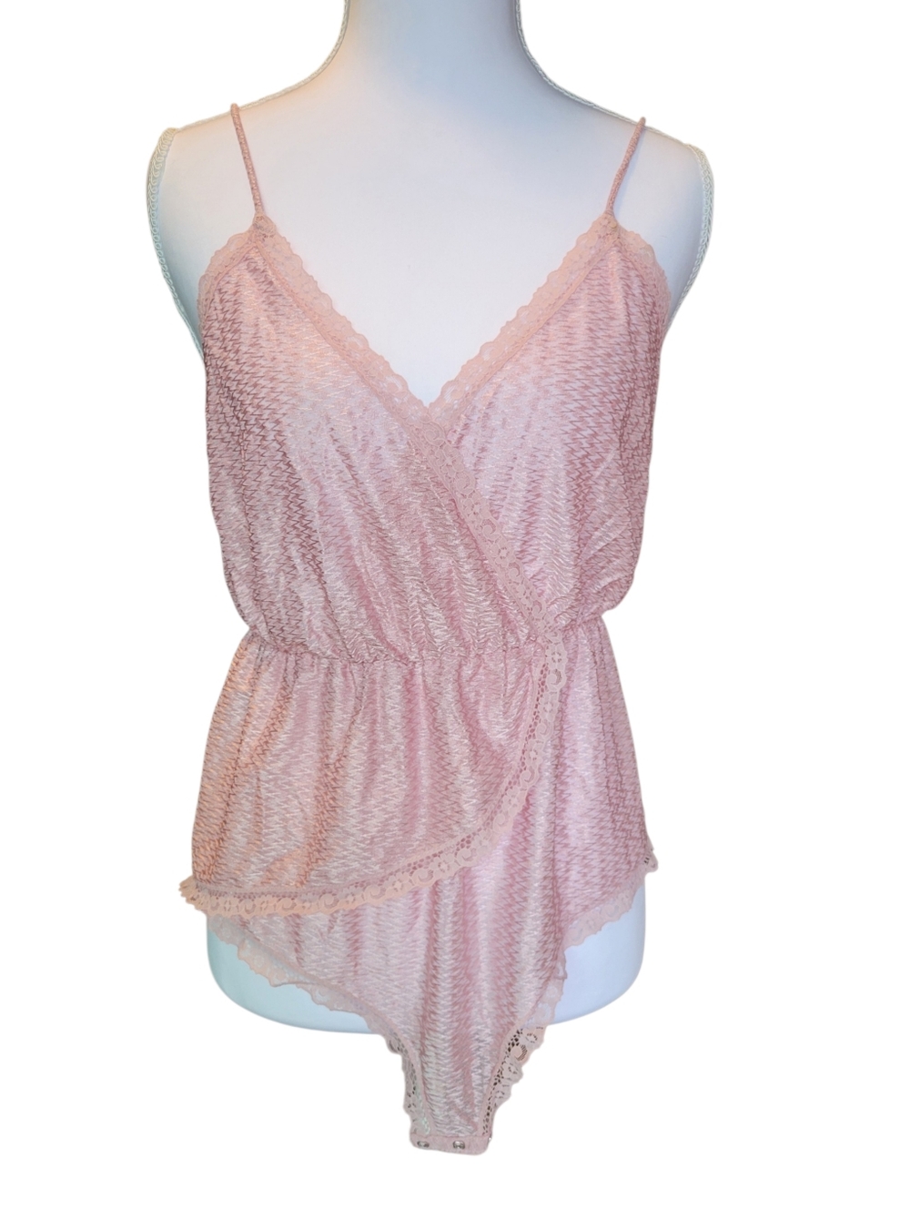 Light Pink Lace Trim Vneck Teddy Bodysuit